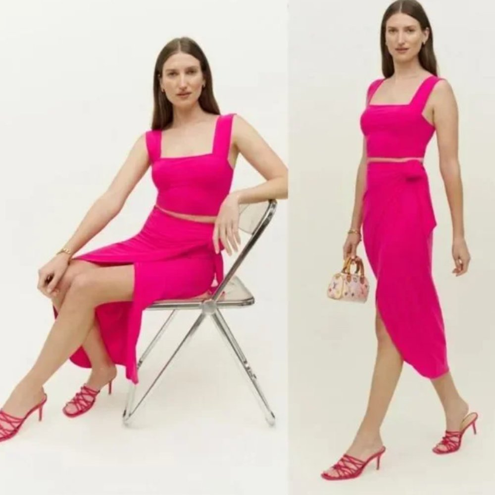 Reformation Rika Two-Piece Crop Top & Wrap Skirt in Corvette (hot pink)